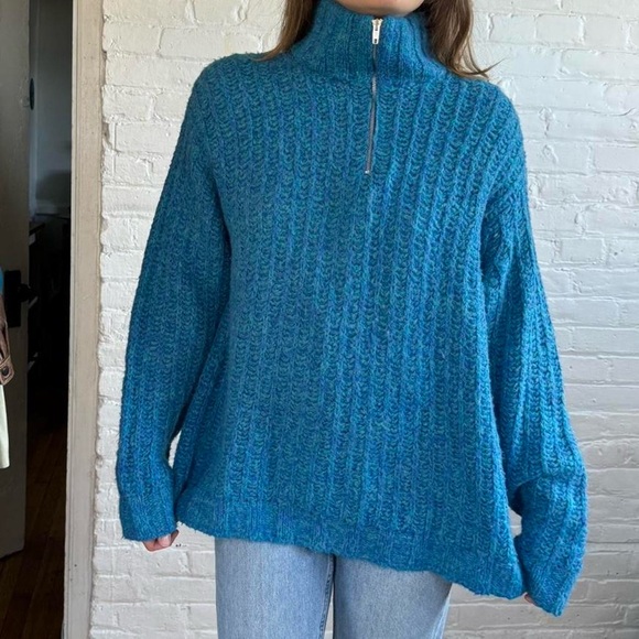 Vintage Made in Italy Blue Hand Knit Quarter Zip Sweater - Picture 2 of 8